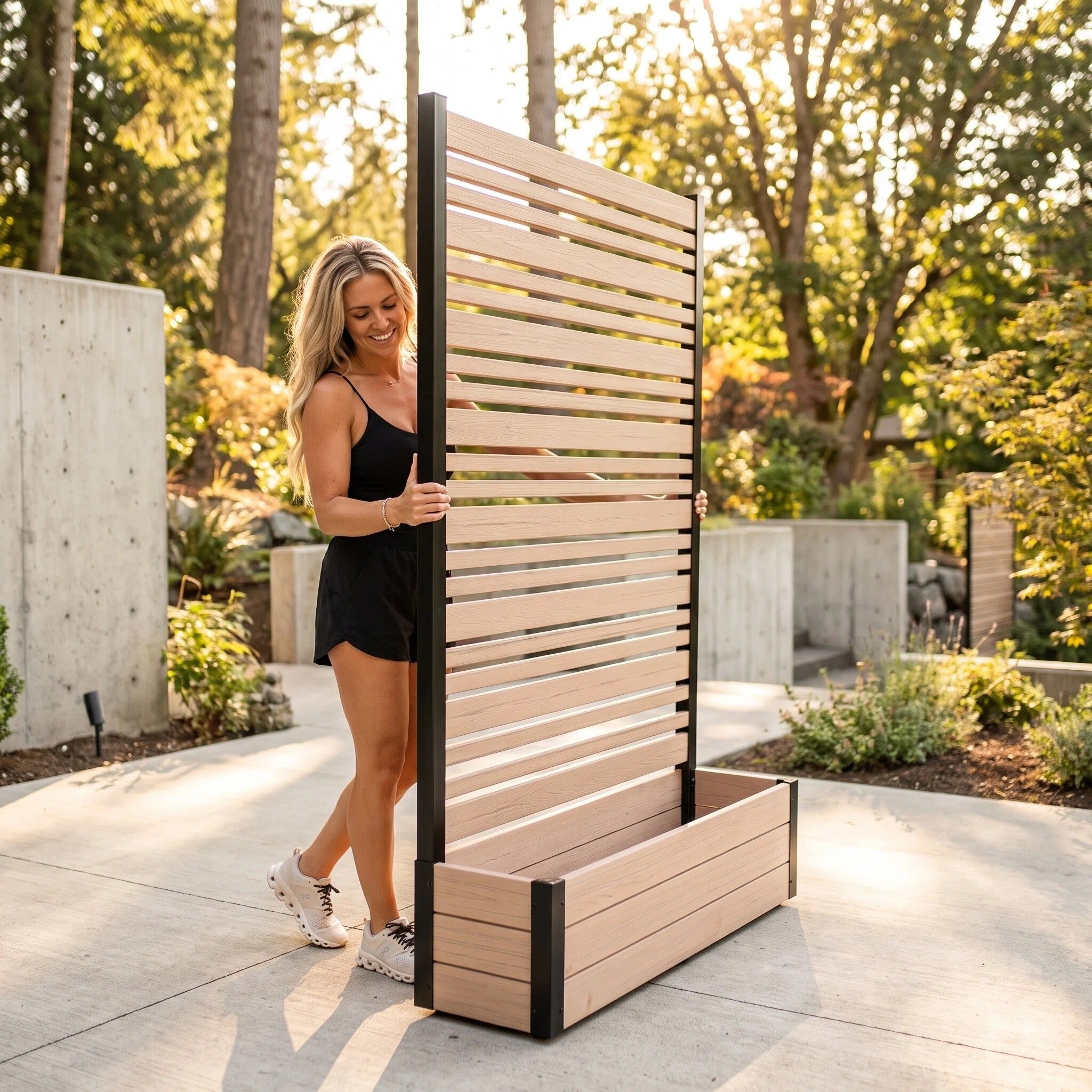 Portable Freestanding Wood Slat Privacy Screen with Built-in Outdoor Planter