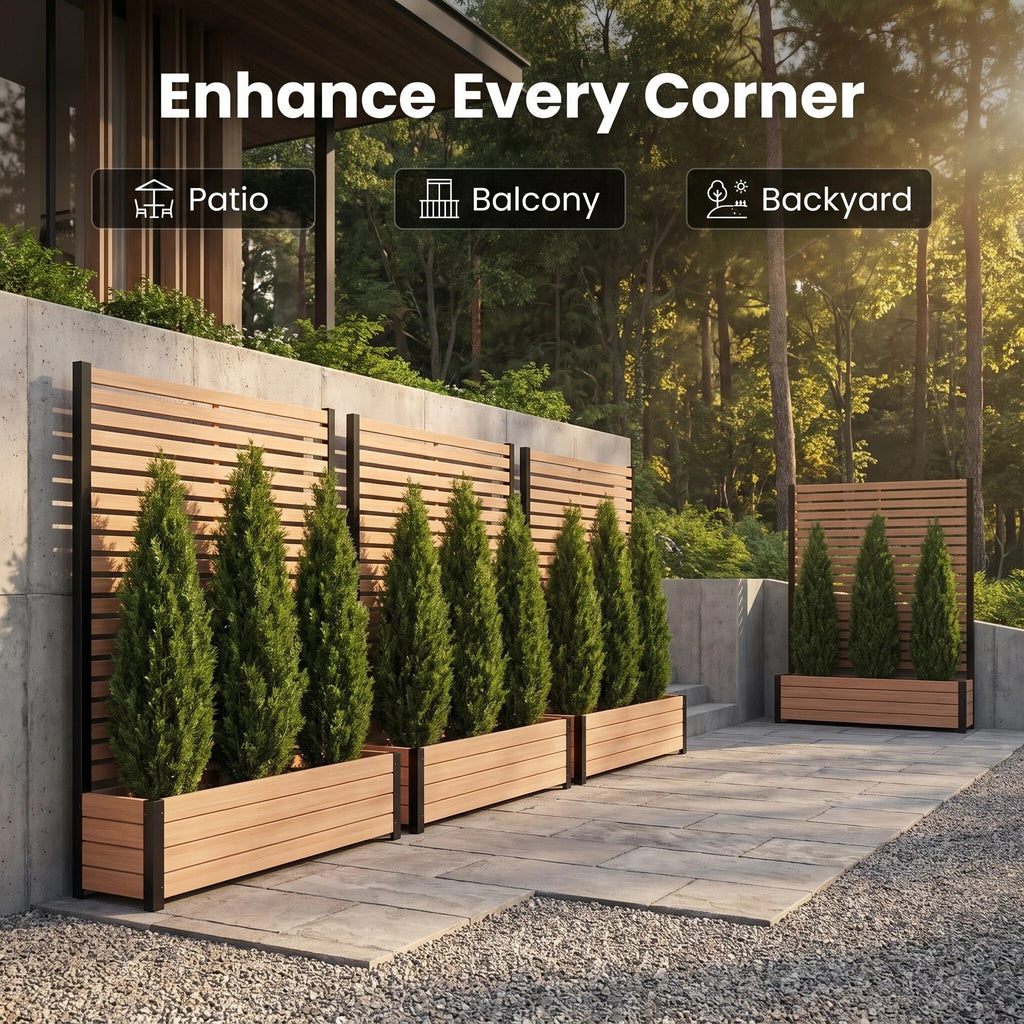 Portable Freestanding Wood Slat Privacy Screen with Built-in Outdoor Planter