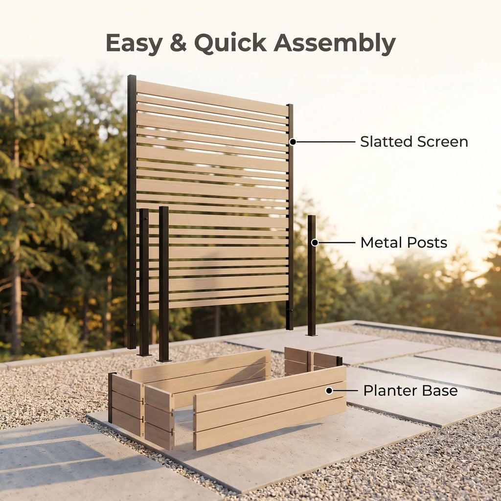 Portable Freestanding Wood Slat Privacy Screen with Built-in Outdoor Planter